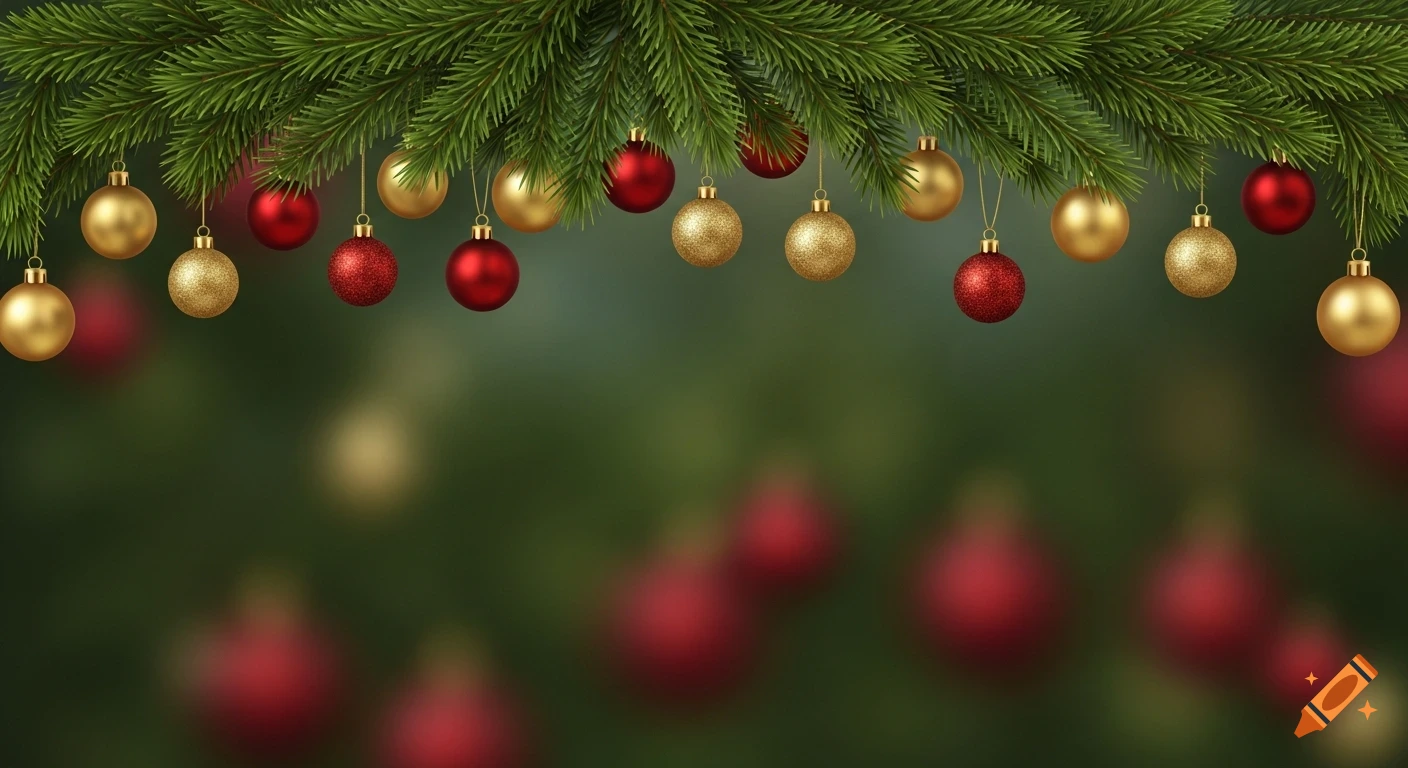 A festive Christmas garland with green pine needles, adorned with shiny red and gold baubles, against a blurred green background.
