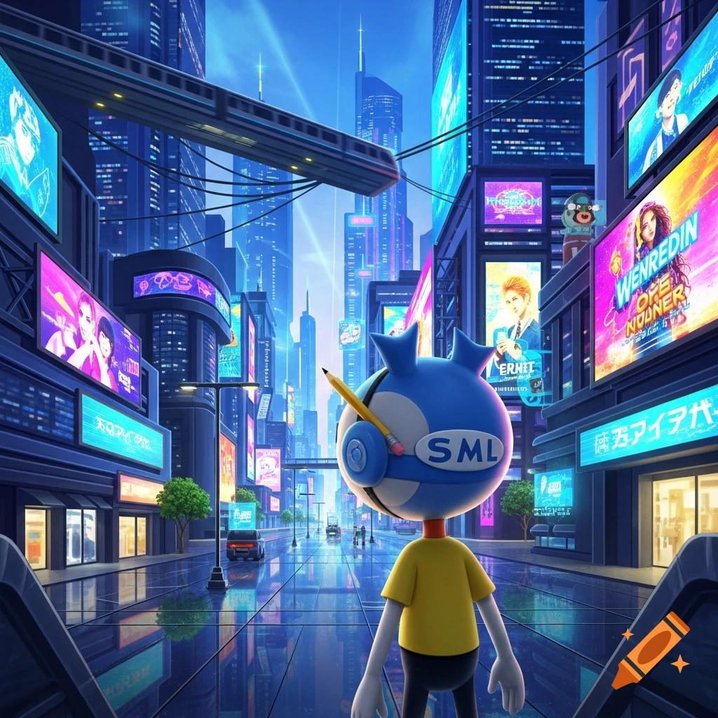 A cartoon character, Jeffy from SML, stands in a brightly lit futuristic city street lined with skyscrapers and neon billboards with garbled text.