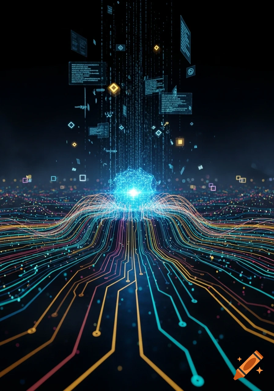 Abstract digital art of colorful circuit lines leading to a glowing data core, with streams of binary code and information flowing above.