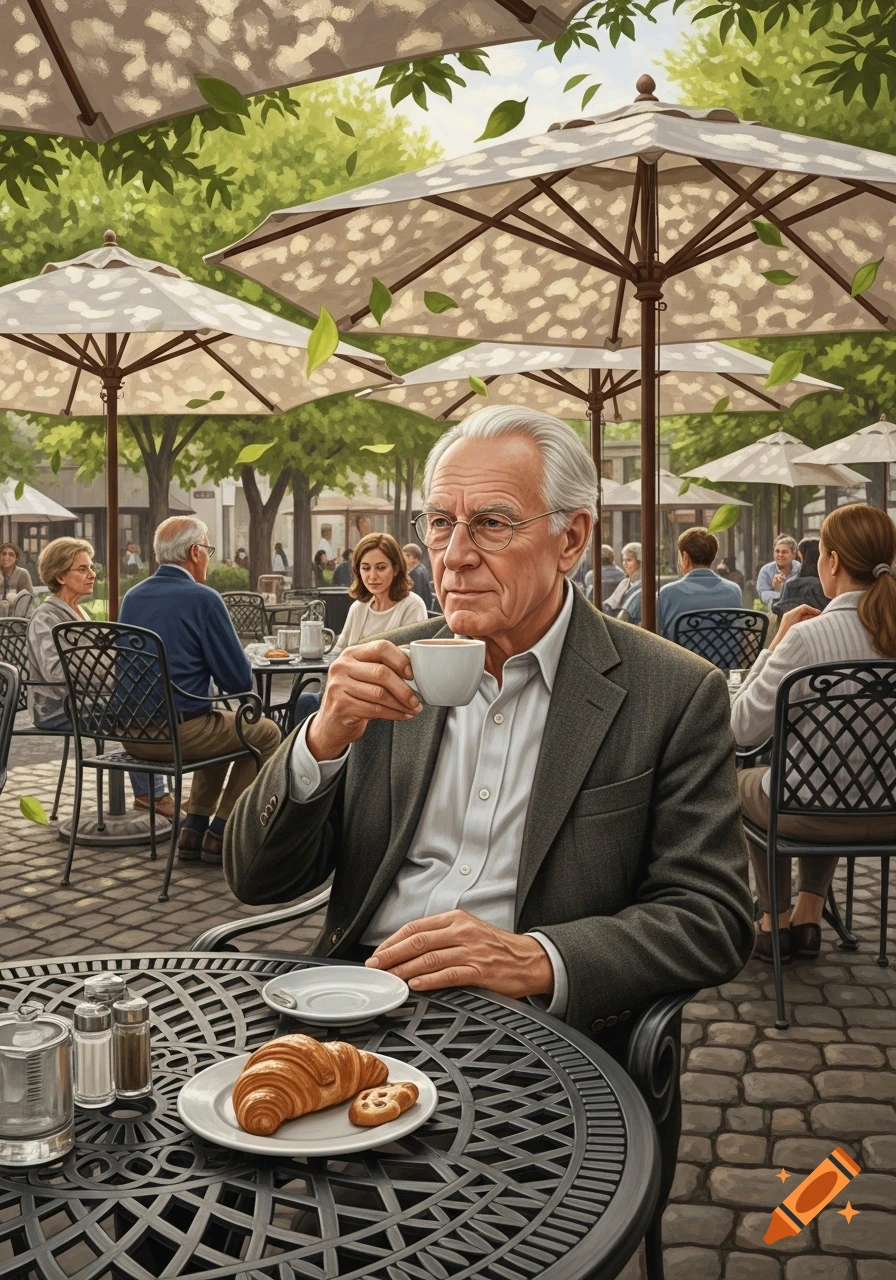 Photorealistic image of an older man drinking coffee at a bustling outdoor cafe with umbrellas and patrons.