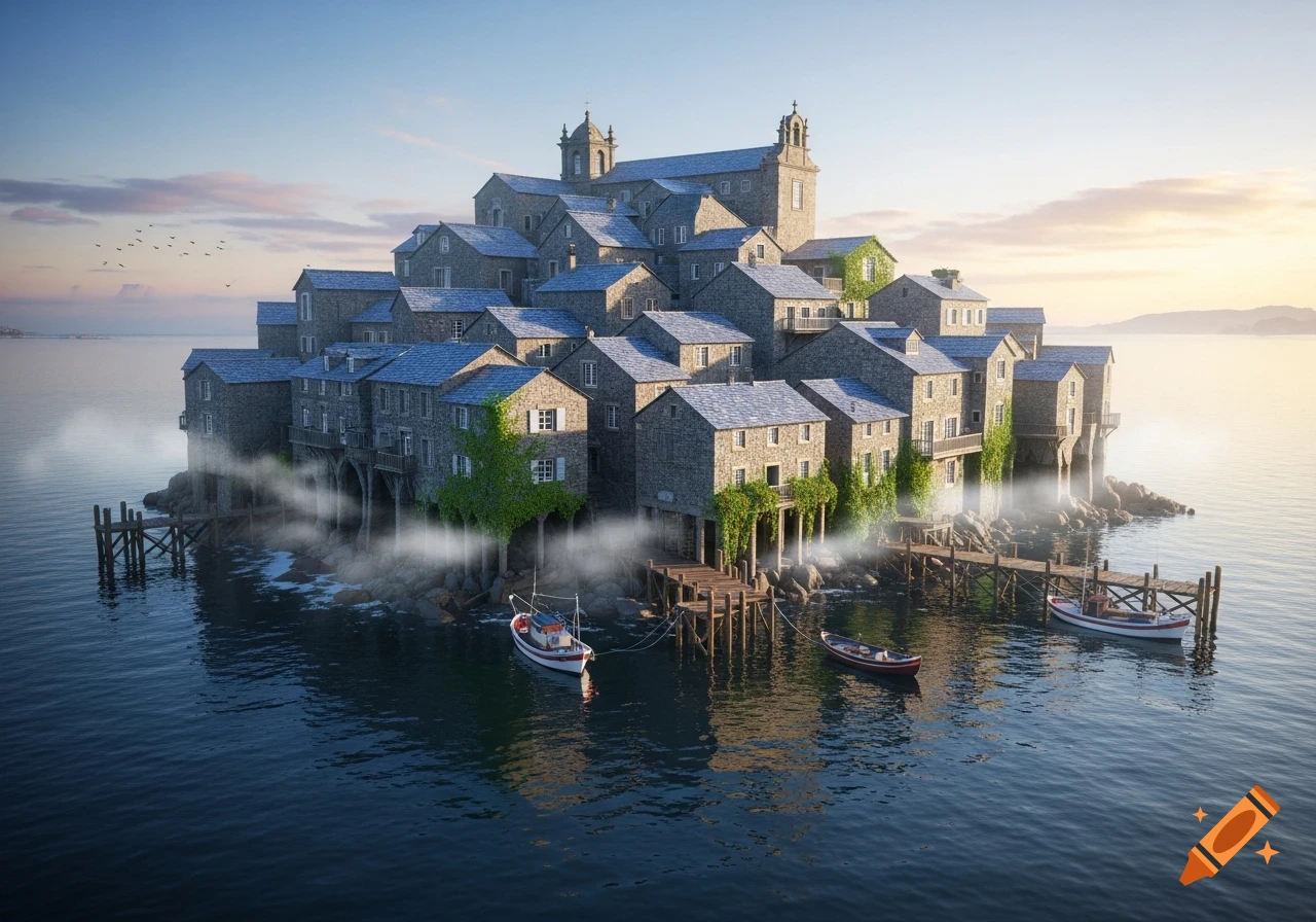 A picturesque stone village on a rocky island in the sea, with boats on calm waters and a misty base, under a clear sky.