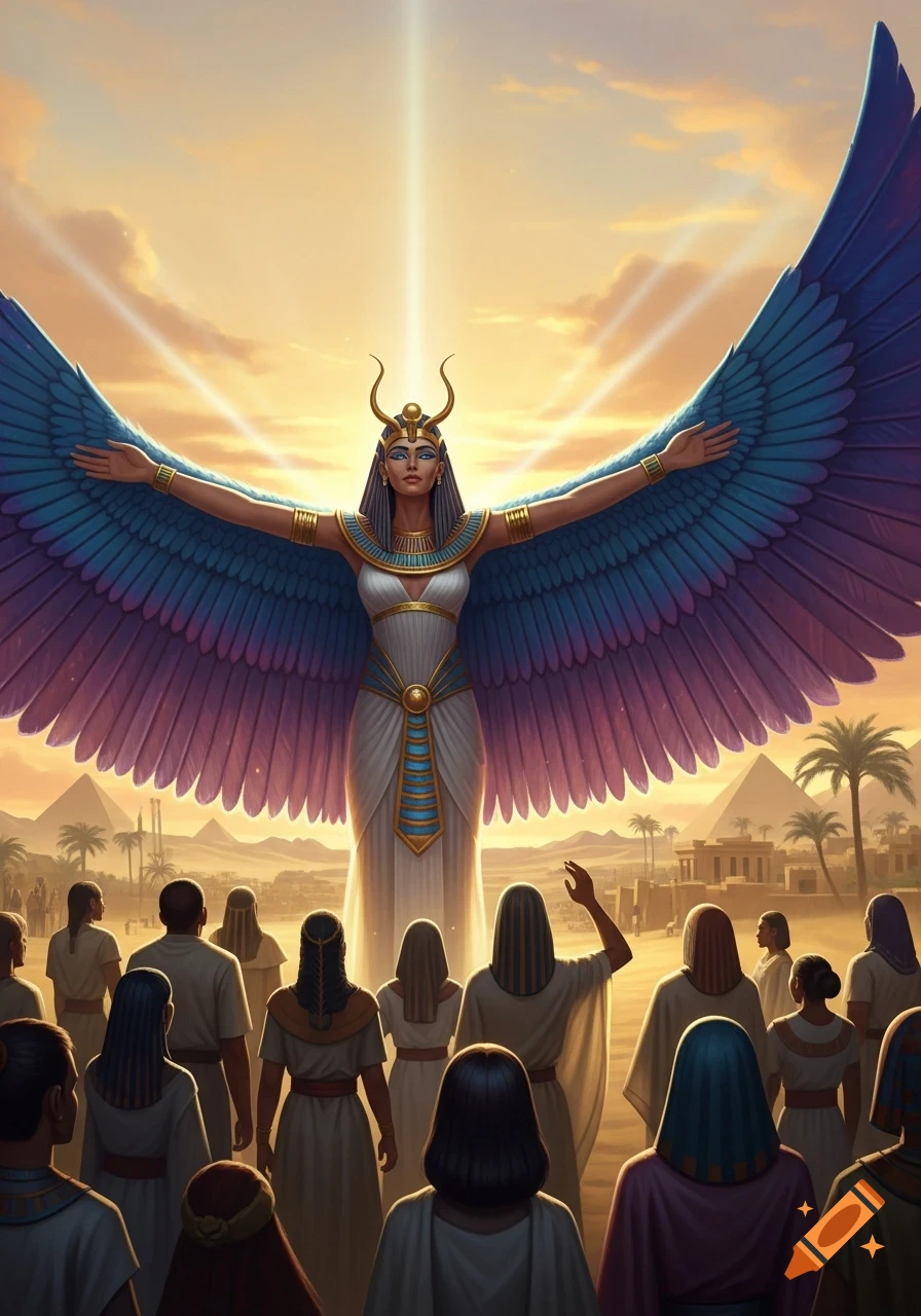 A winged goddess, possibly Isis, stands before people in an ancient Egyptian landscape with pyramids, bathed in divine light.