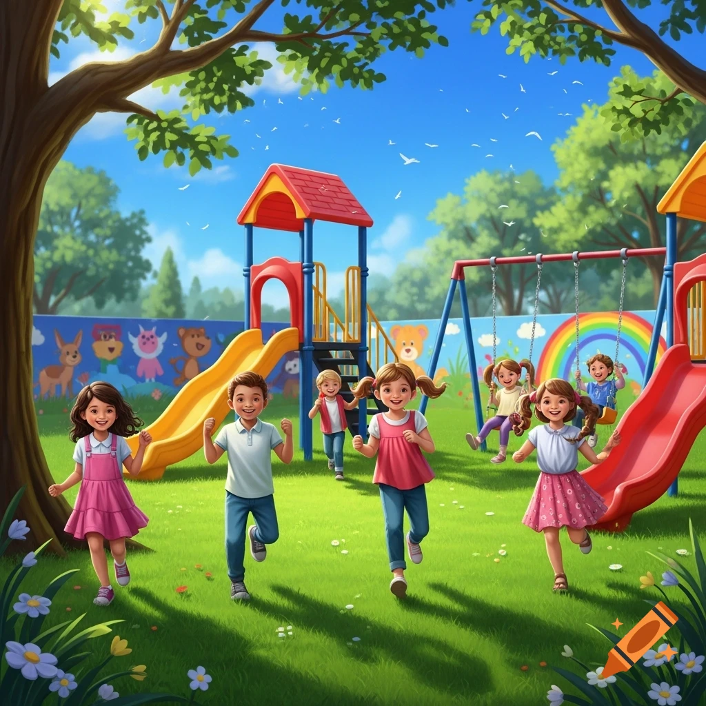Vibrant illustration of happy children playing in a sunny playground with slides and swings.