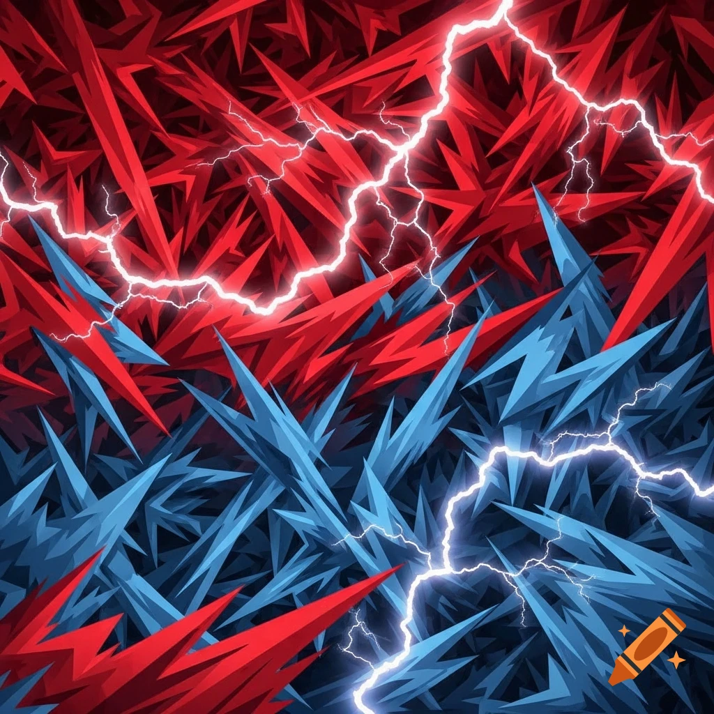 Abstract background with sharp red and blue crystalline patterns, highlighted by electric lightning bolts.