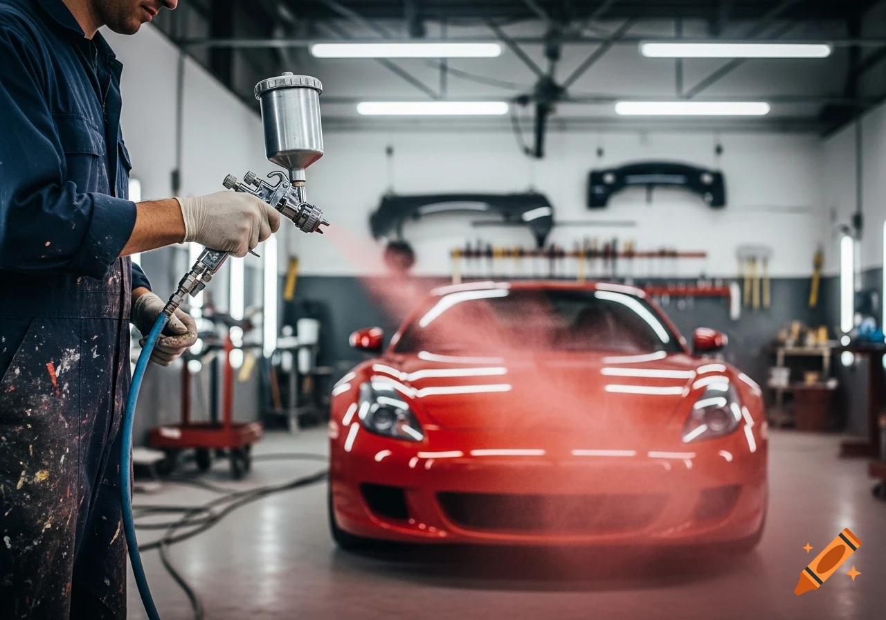 A mechanic in blue overalls and gloves uses a paint sprayer to apply red paint to a red sports car in a well-lit garage.