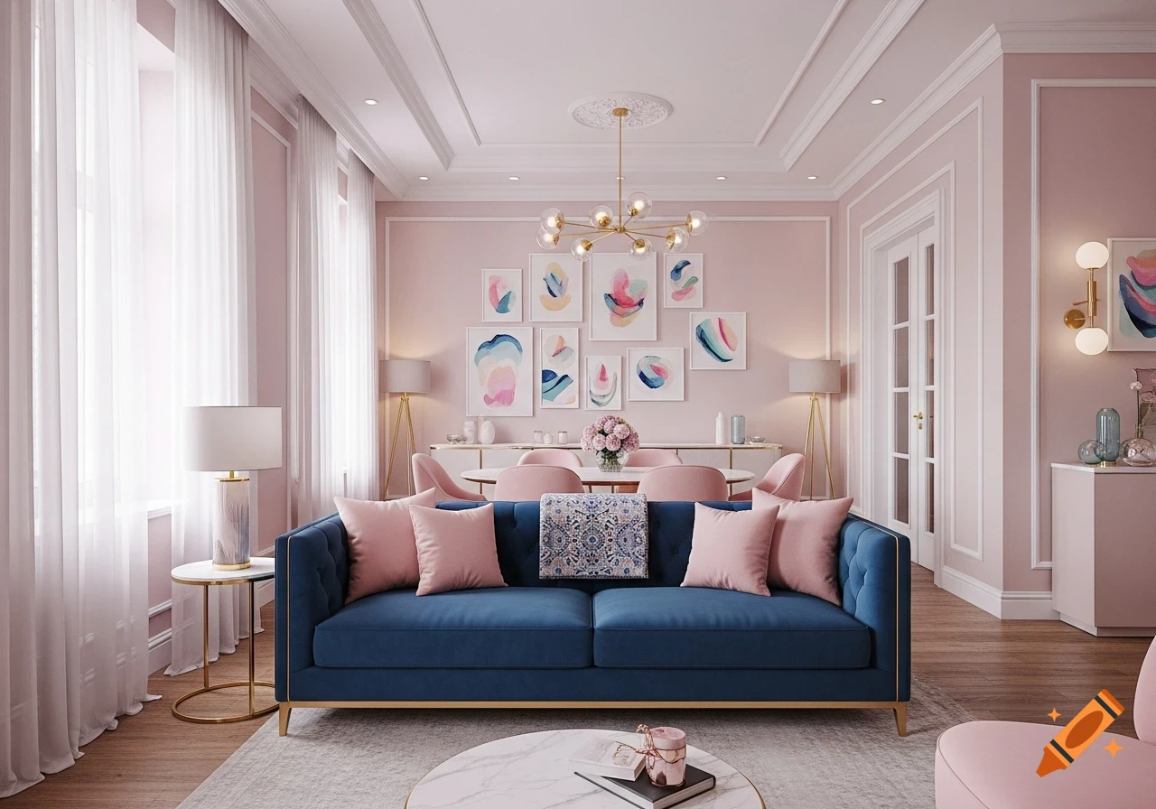 A modern living room with a blue sofa, pink pillows, abstract art, and a dining area with pink chairs, all in a pink and blue color scheme.