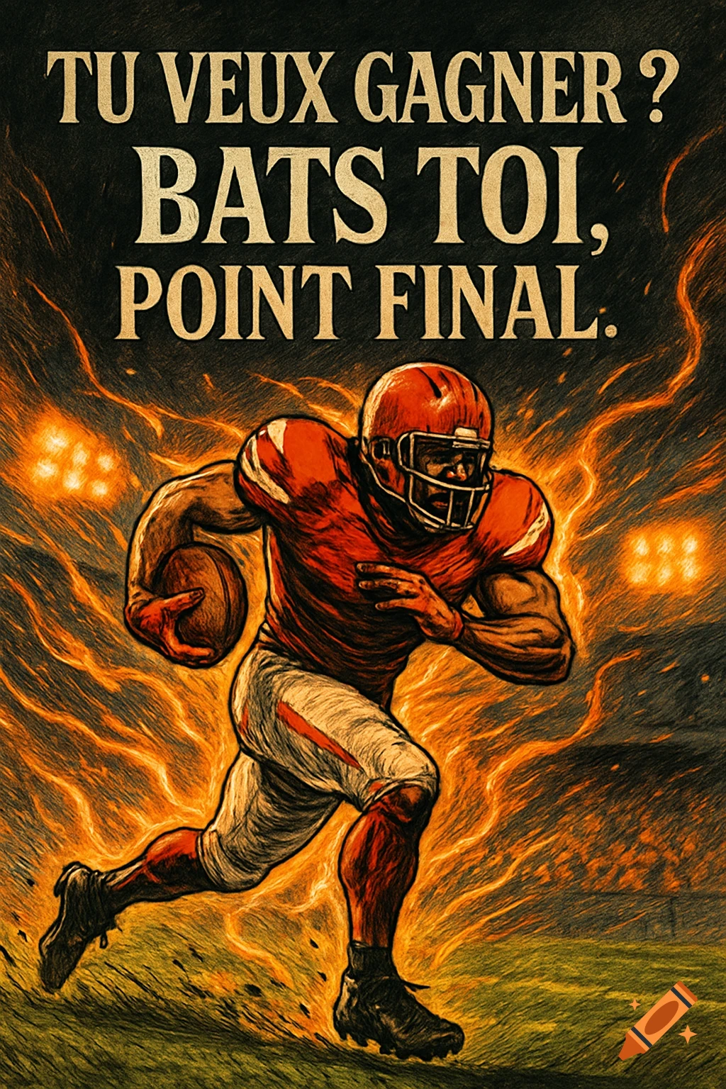 American football player runs with ball on a fiery field at night. Text: 'TU VEUX GAGNER? BATS TOI, POINT FINAL.'