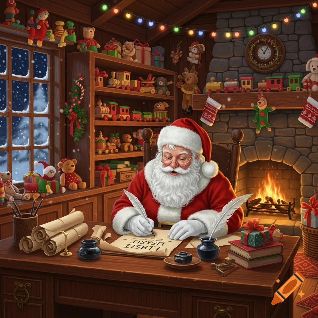 Santa Claus writes on a scroll with a quill at a desk in his cozy, toy-filled workshop, illuminated by a fireplace and festive lights.