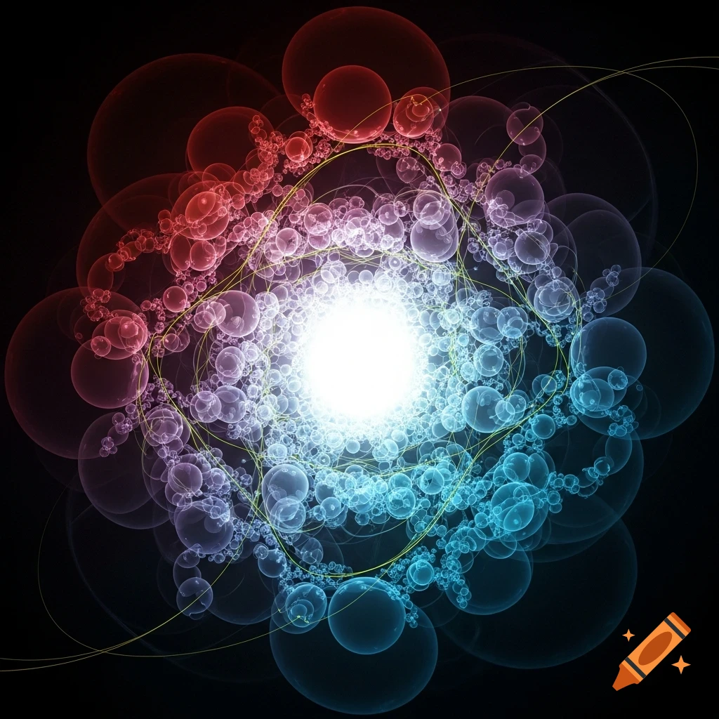 A bright white core surrounded by glowing red and blue fractal bubbles, interconnected by yellow luminous lines on a dark background.