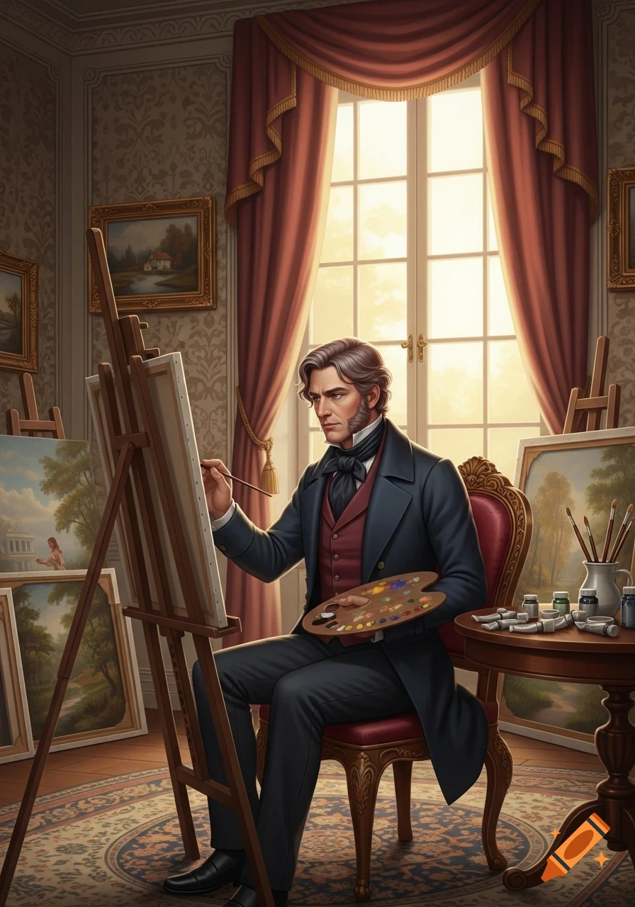 A distinguished Victorian man with graying hair sits painting on an easel in a well-lit art studio, surrounded by finished artworks.
