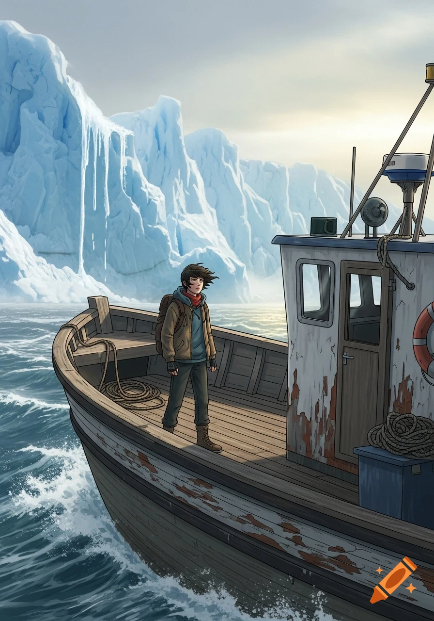 An illustration of a young traveler on a weathered fishing boat in choppy waters, with melting icebergs in the background under a pale sky.