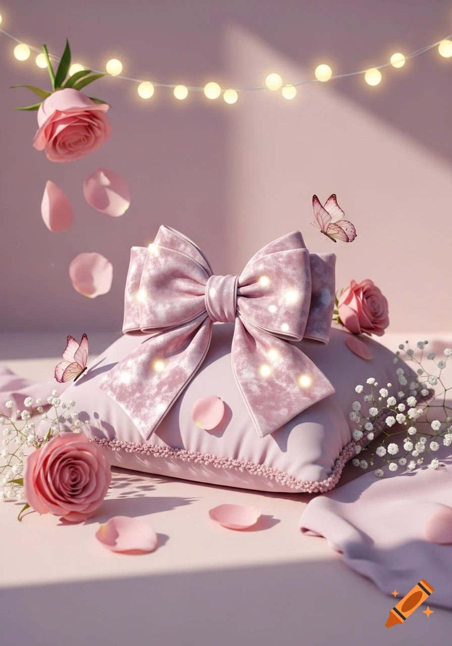 A soft pink velvet bow sits on a pillow surrounded by pink roses, petals, butterflies, and glowing string lights.