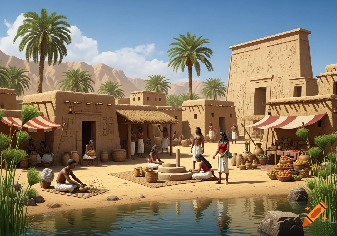 An ancient Egyptian village scene with people by a river, mud-brick houses, a market stall with fruit, and palm trees under a blue sky.