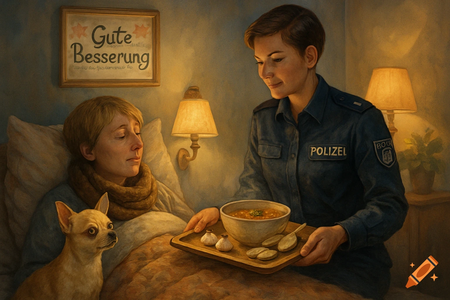 A police officer serves soup to a sick woman in bed with a chihuahua, under a 'Gute Besserung' sign, in a painterly style.