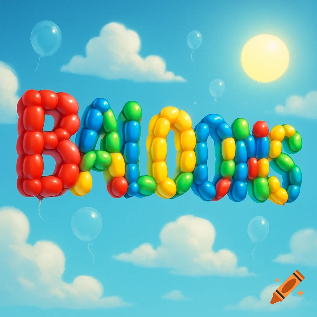 The word BALLOONS spelled out in colorful, inflated balloons against a bright blue sky with clouds and a sun.