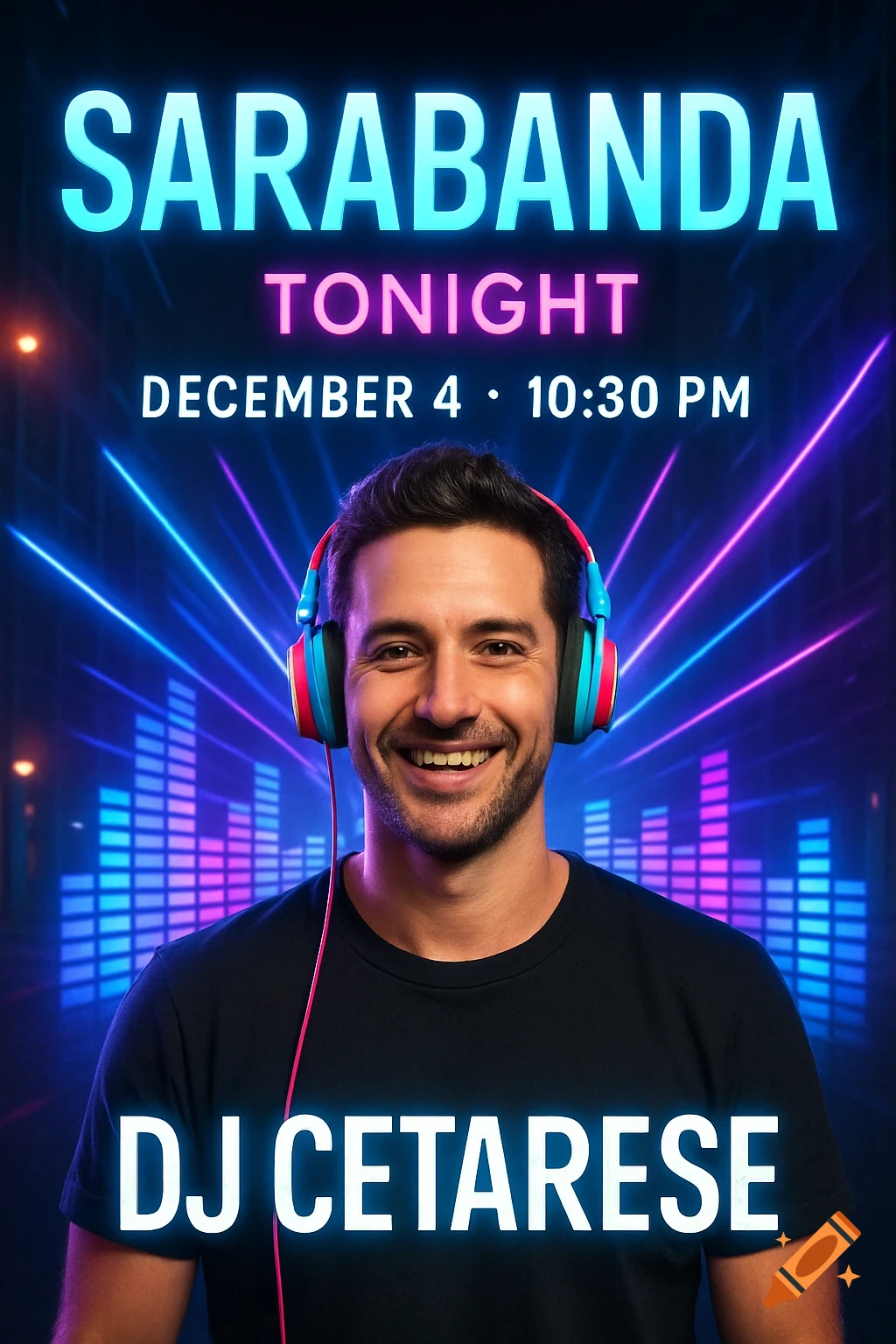A smiling man with headphones and a black t-shirt against a neon blue and pink background with light beams and equalizer bars, advertising a 'Sarabanda' event with 'DJ Cetarese'.