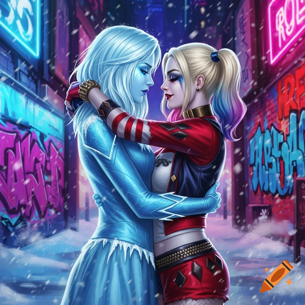 Killer Frost in blue and Harley Quinn in red and black hug lovingly in a snowy, neon-lit urban alleyway.