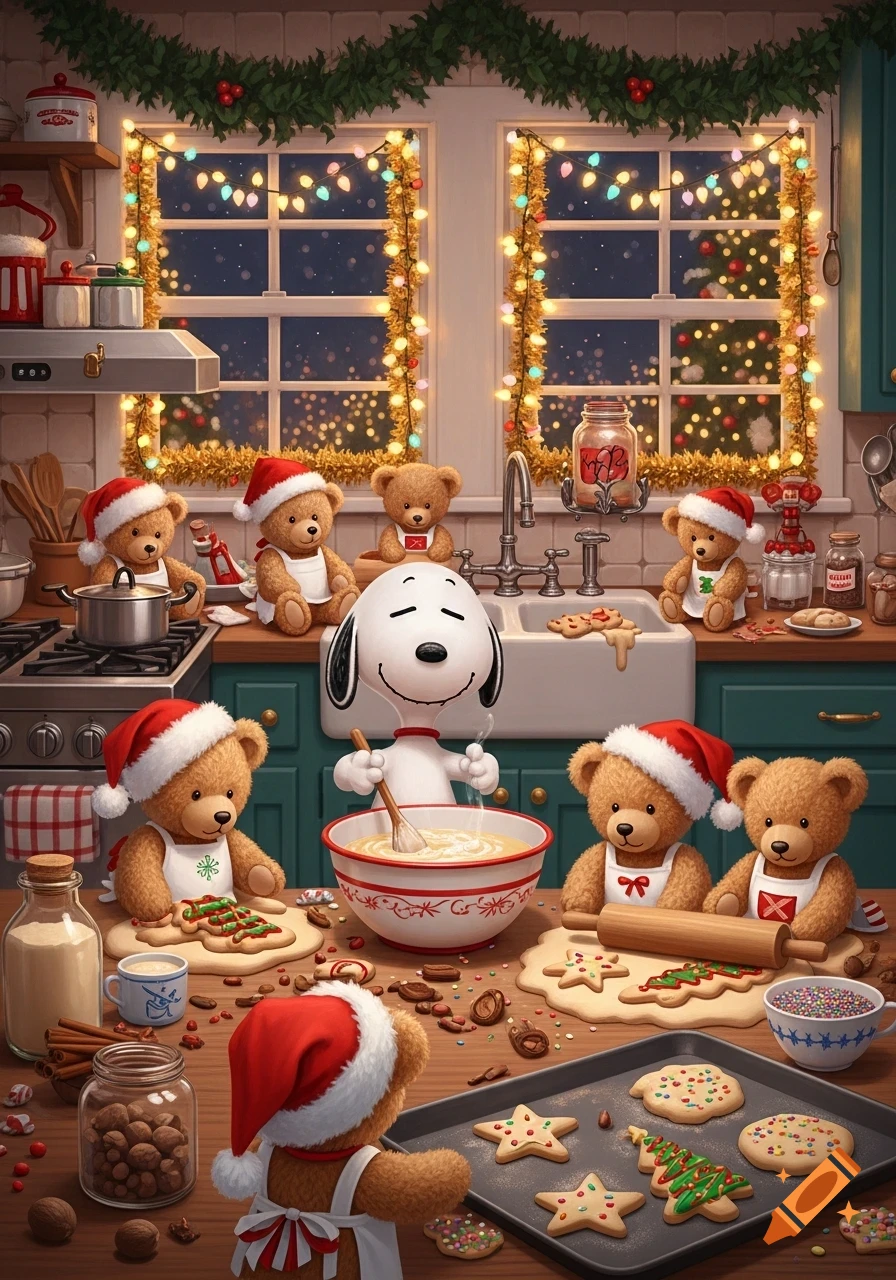 Snoopy and teddy bears in Santa hats and aprons bake Christmas cookies and mix ingredients in a festive kitchen decorated with lights.
