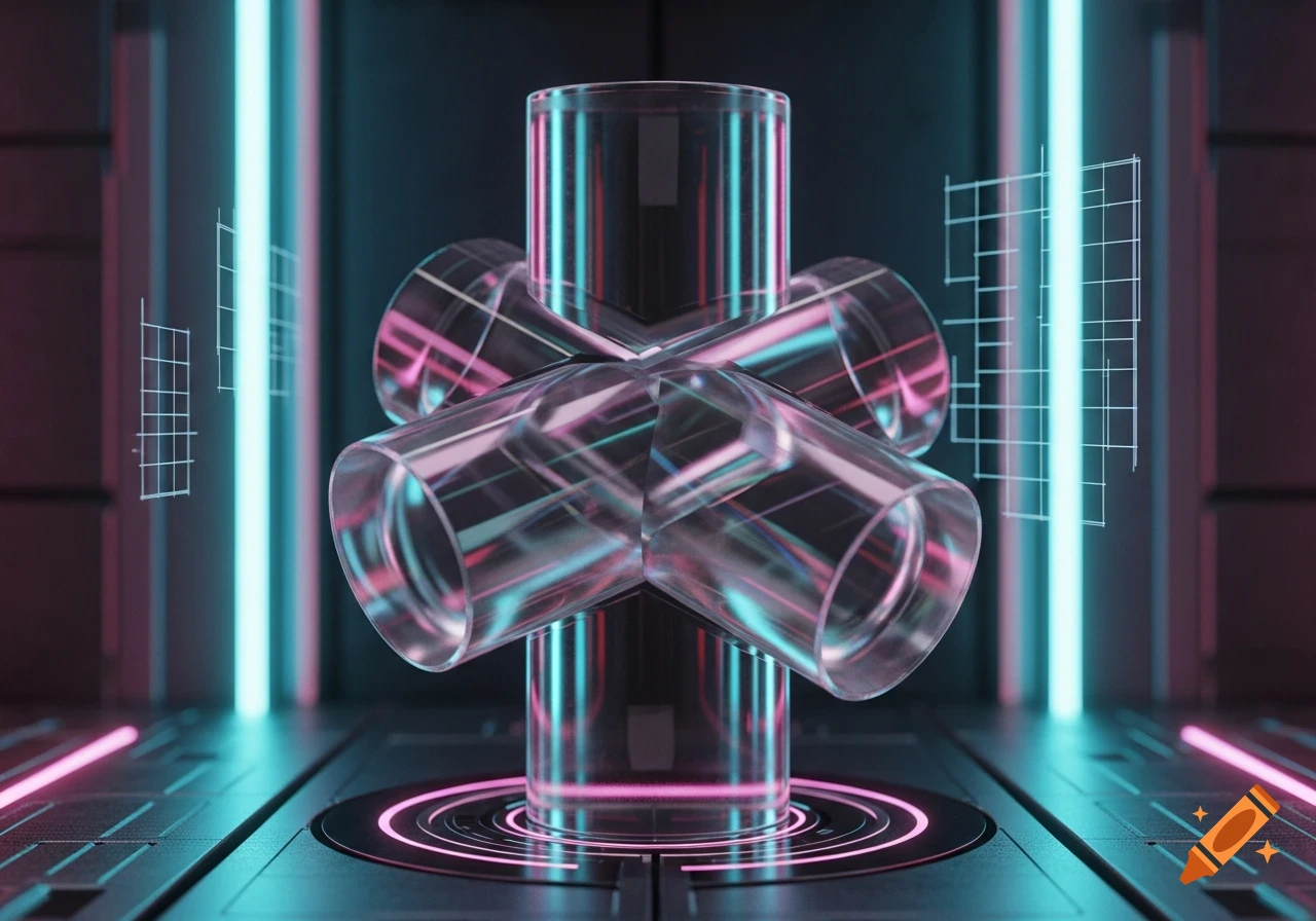 Transparent glass cylinders glow with pink and blue neon lights in a dark, futuristic setting with holographic grid projections.