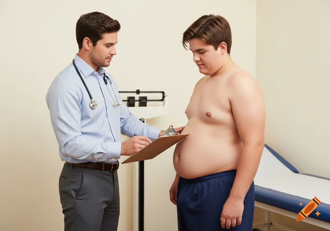 A doctor in a light blue shirt and stethoscope holds a clipboard while looking at a shirtless, overweight male patient in blue shorts in an exam room.