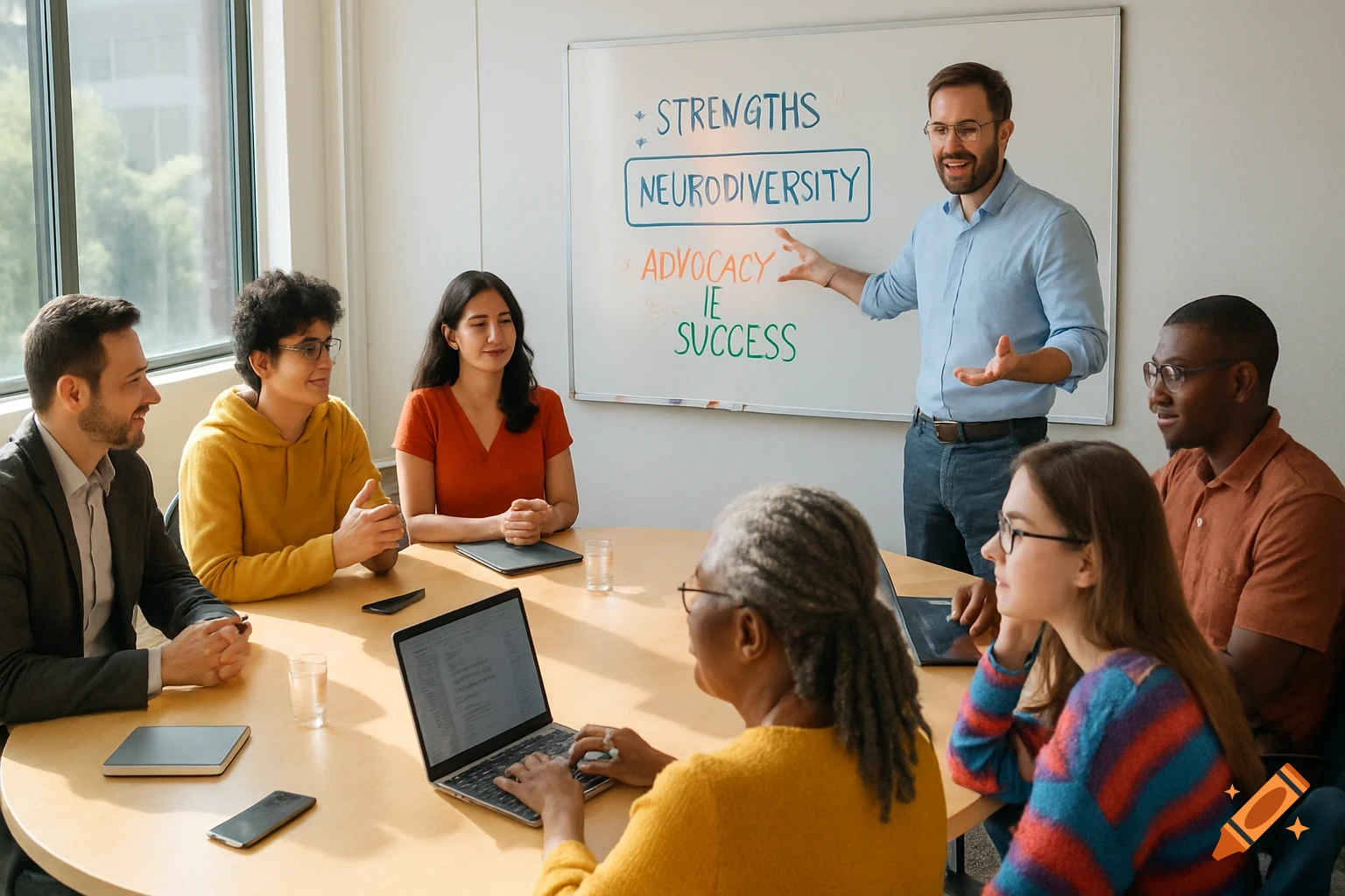 A diverse group of people in a bright meeting room, with a man presenting at a whiteboard listing "STRENGTHS", "NEURODIVERSITY", "ADVOCACY", and "IE SUCCESS".