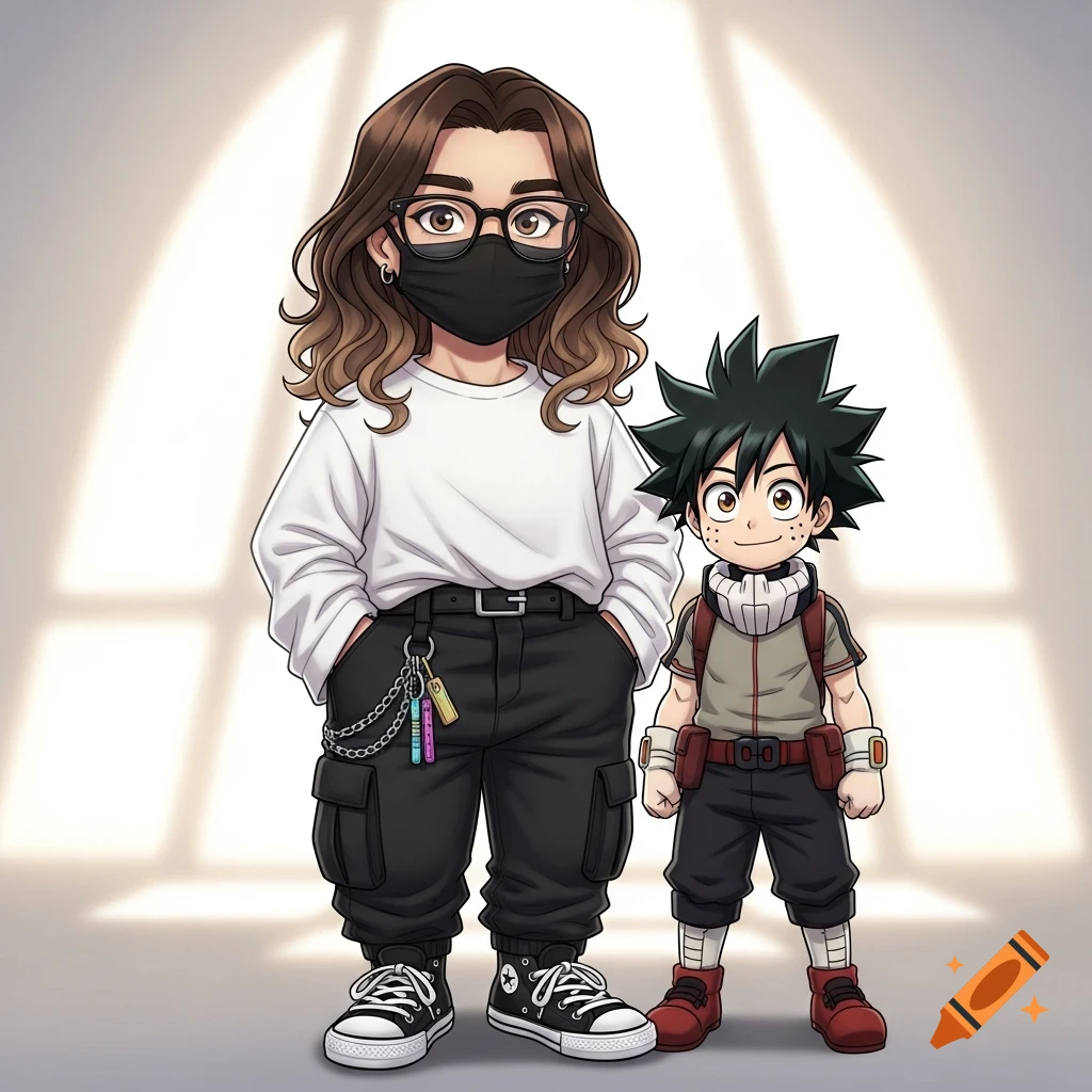 Cartoon illustration of a woman in a mask and glasses next to a young boy resembling Deku from My Hero Academia.