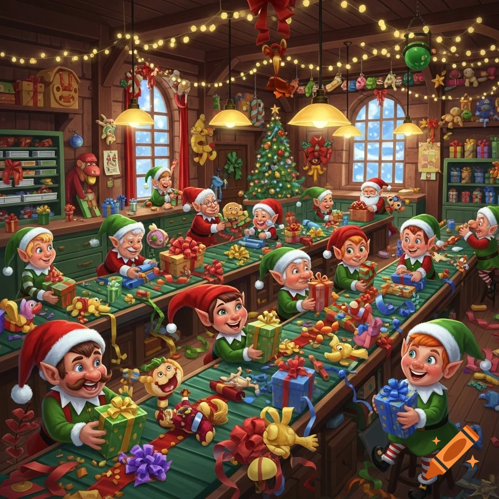 A bustling, detailed illustration of elves in Santa's workshop, wrapping gifts on a conveyor belt amid Christmas decorations.