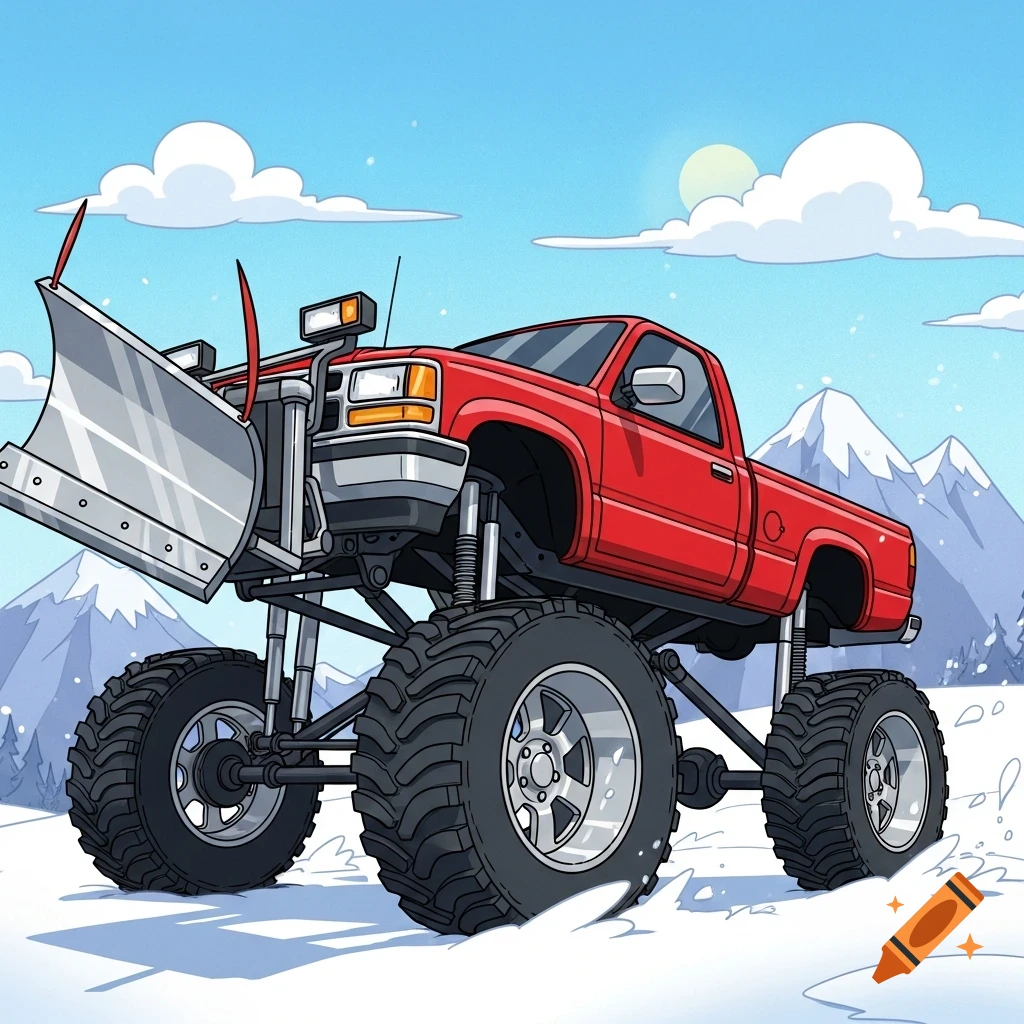 A cartoon red monster truck with a snow plow drives through a snowy mountain landscape under a blue sky.