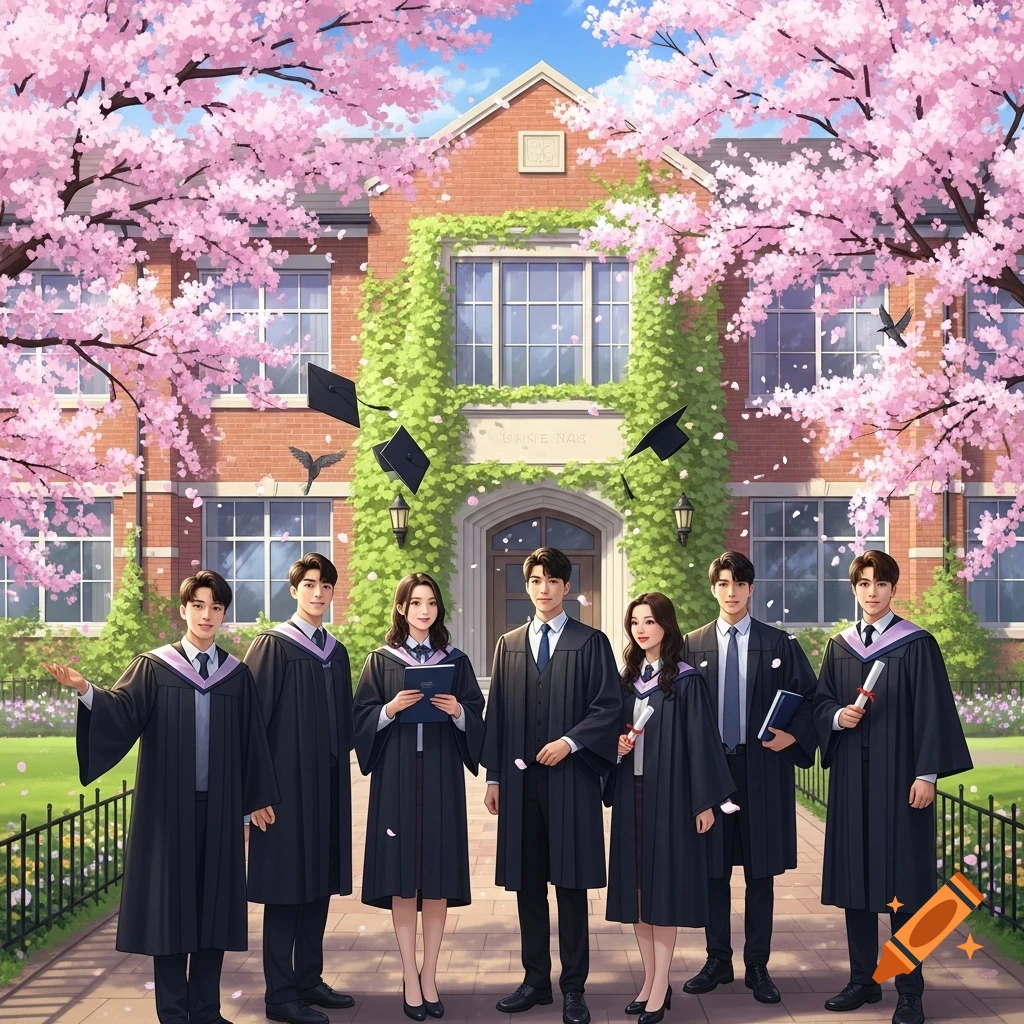 Anime style illustration of graduating students in caps and gowns posing outside a brick university building adorned with cherry blossoms.