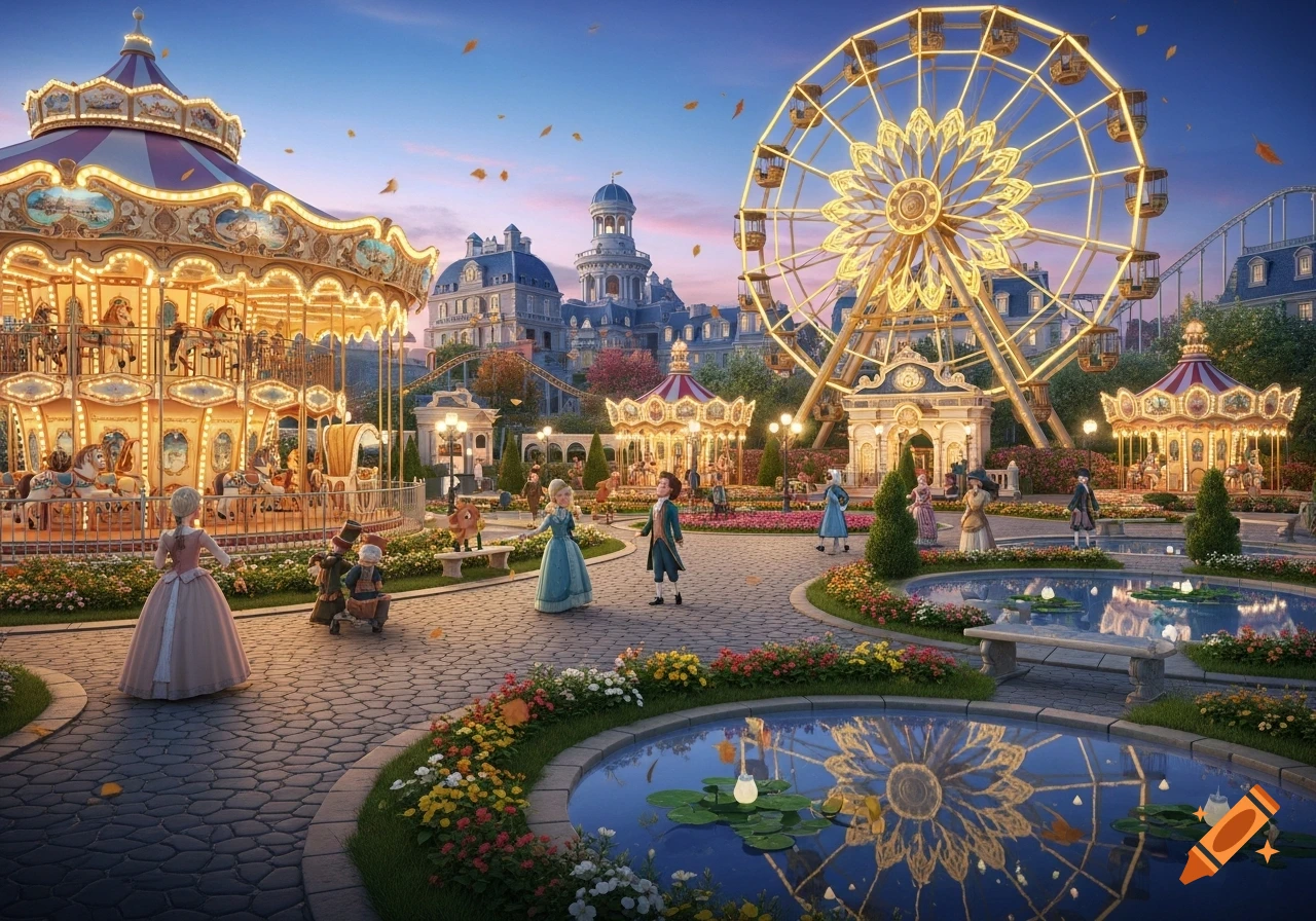 A whimsical amusement park at dusk with an illuminated carousel and Ferris wheel, people in period costumes, ponds, and grand buildings.