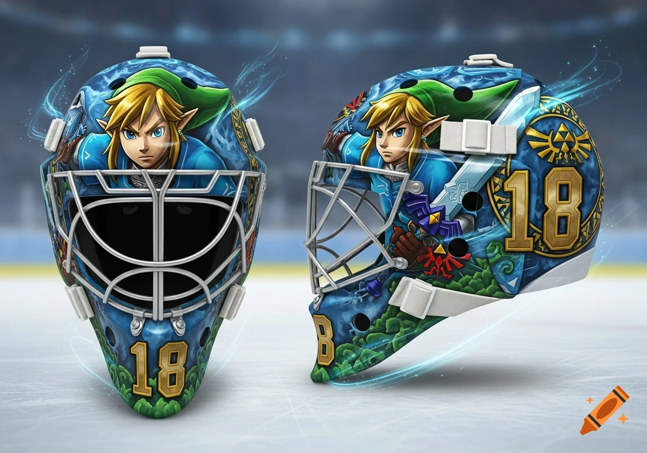Two detailed hockey goalie helmets featuring Link from The Legend of Zelda, with the number 18 prominent on both.