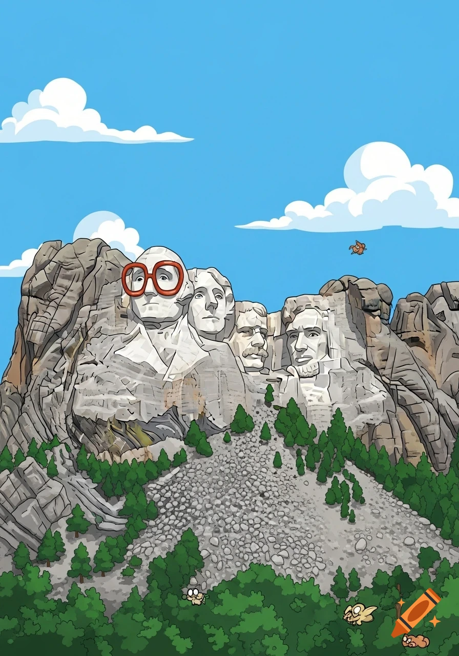 Cartoon Mount Rushmore with George Washington wearing large red glasses, surrounded by trees and small creatures under a blue sky.