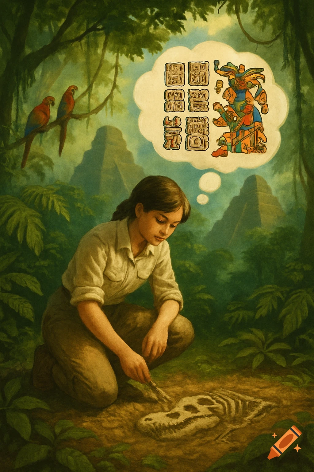 A painterly image of a girl archeologist brushing a dinosaur fossil in a jungle, thinking of Mayan glyphs and a deity, with pyramids in the background.