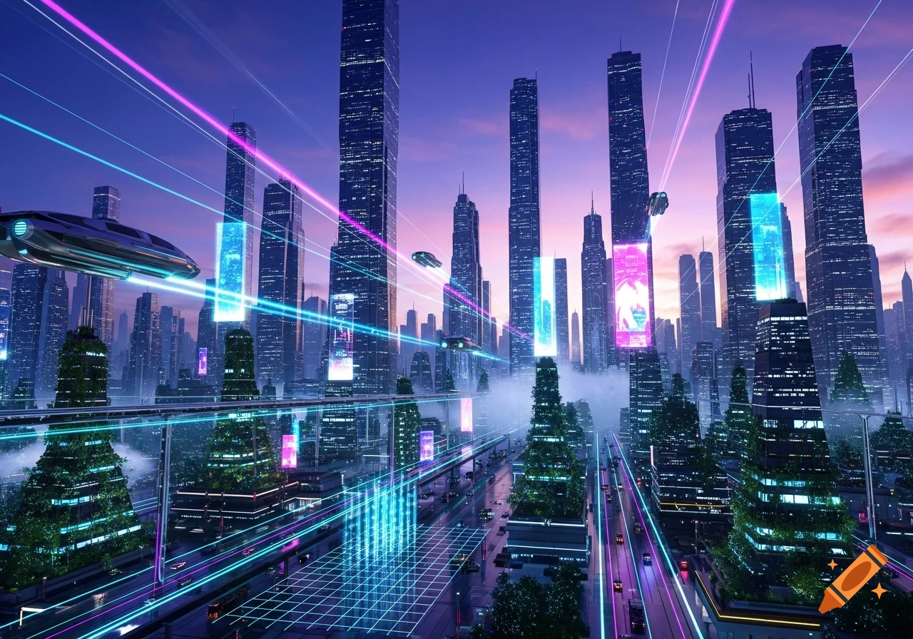 A vibrant futuristic city at dusk with towering skyscrapers, flying vehicles, and glowing neon light trails, reflecting a cyberpunk aesthetic.