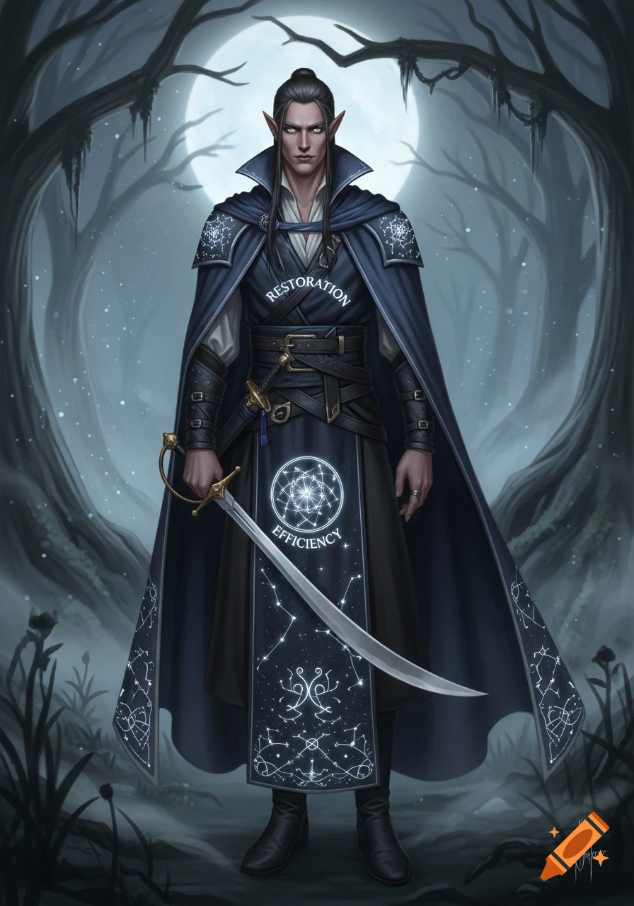 A tall, slender elf in a dark blue cloak with "RESTORATION" and "EFFICIENCY" text and constellations, stands with a scimitar in a moonlit forest. Digital painting.