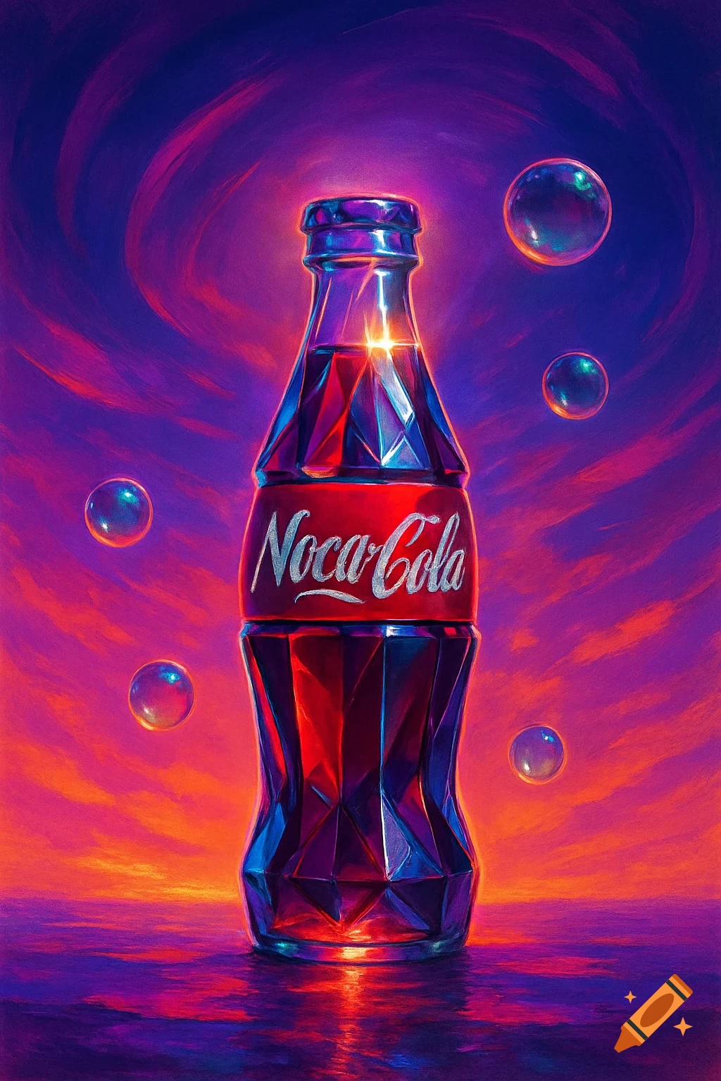A stylized, faceted Noca-Cola bottle in red and blue, standing on a reflective surface against a swirling purple and orange sky with bubbles.