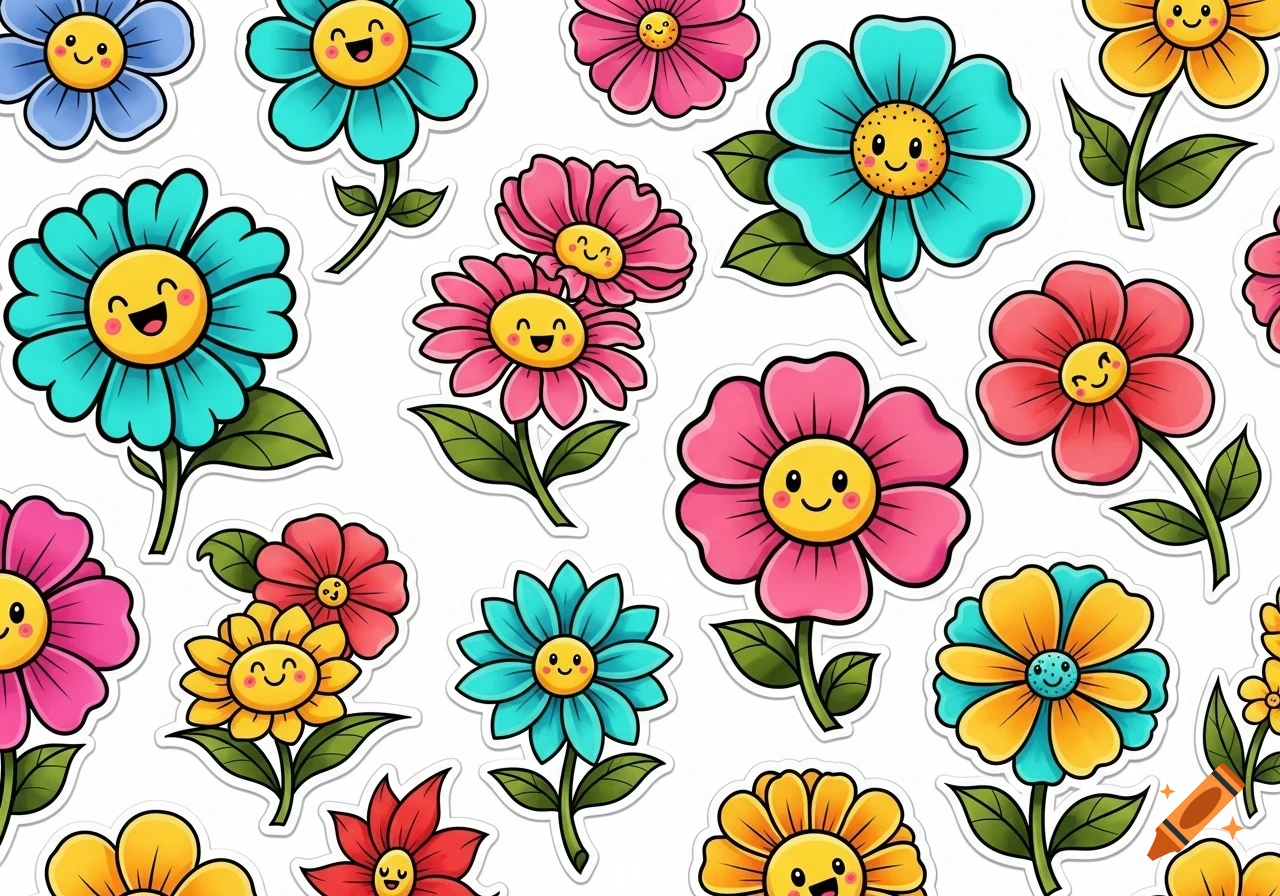 A seamless pattern of colorful cartoon flowers with smiling faces, each with a white outline, on a white background.