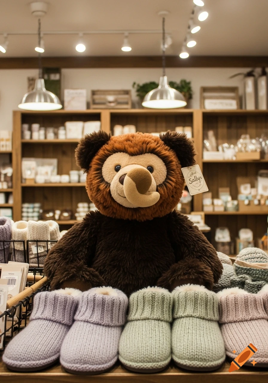 A brown plush bear with a light brown face and trunk-like nose sits among rows of pastel knitted slippers in a store.