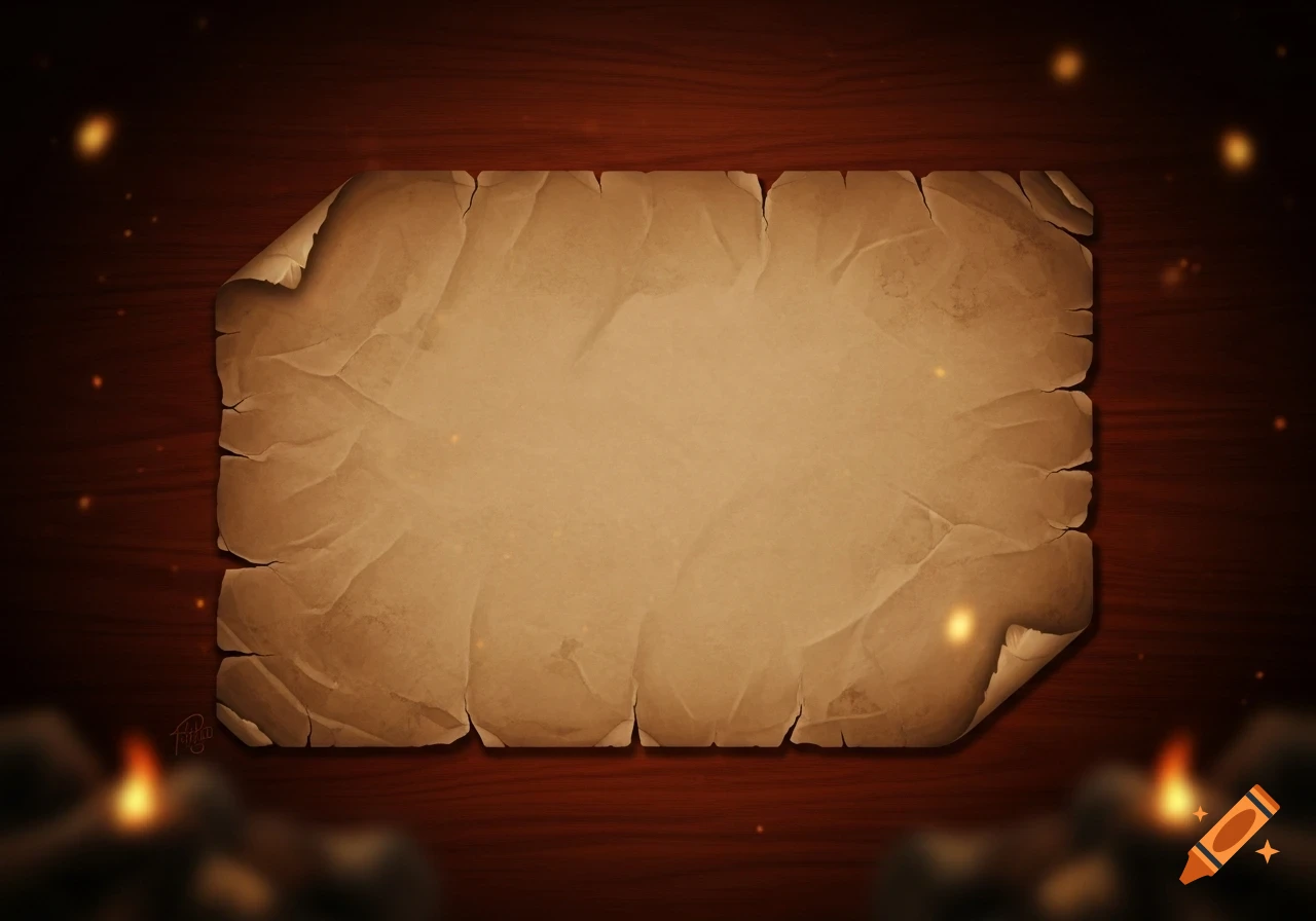 An old, blank, crumpled parchment on a dark wooden table, surrounded by warm, glowing light and embers.