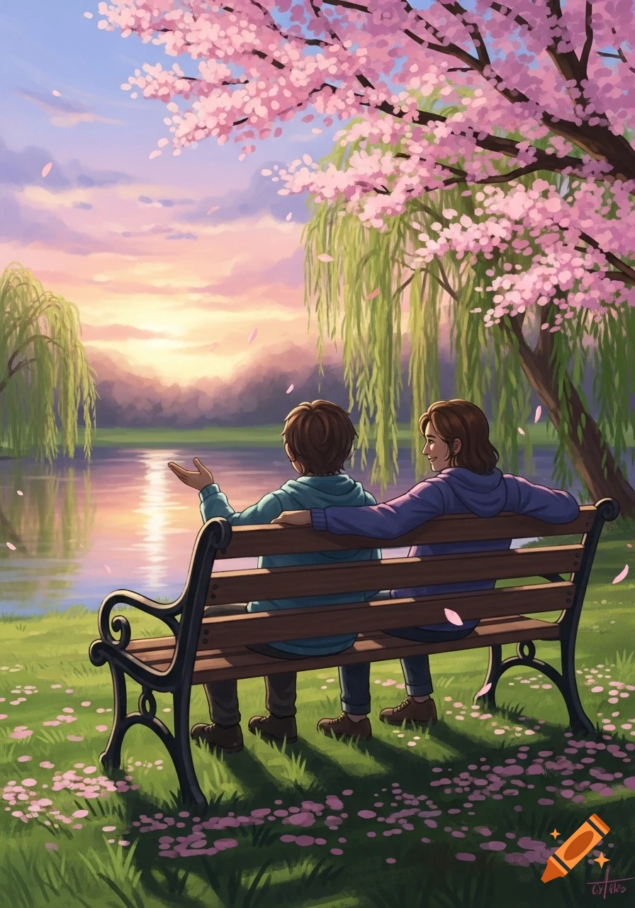 Two people sit on a park bench under blooming cherry trees, watching a sunset over a lake, in a painterly illustration style.