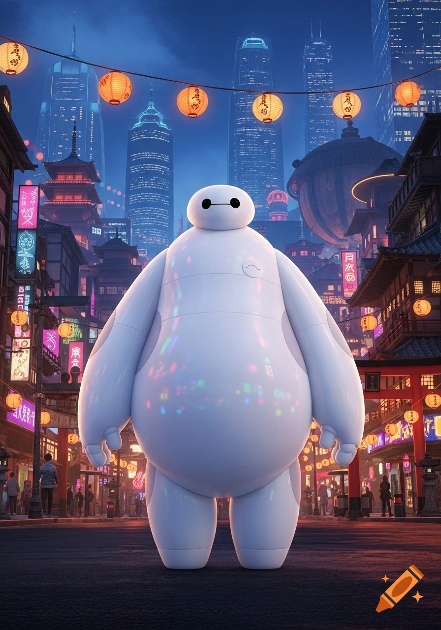 Baymax standing on a street in a vibrant, futuristic city with Japanese-style architecture and neon signs at night.