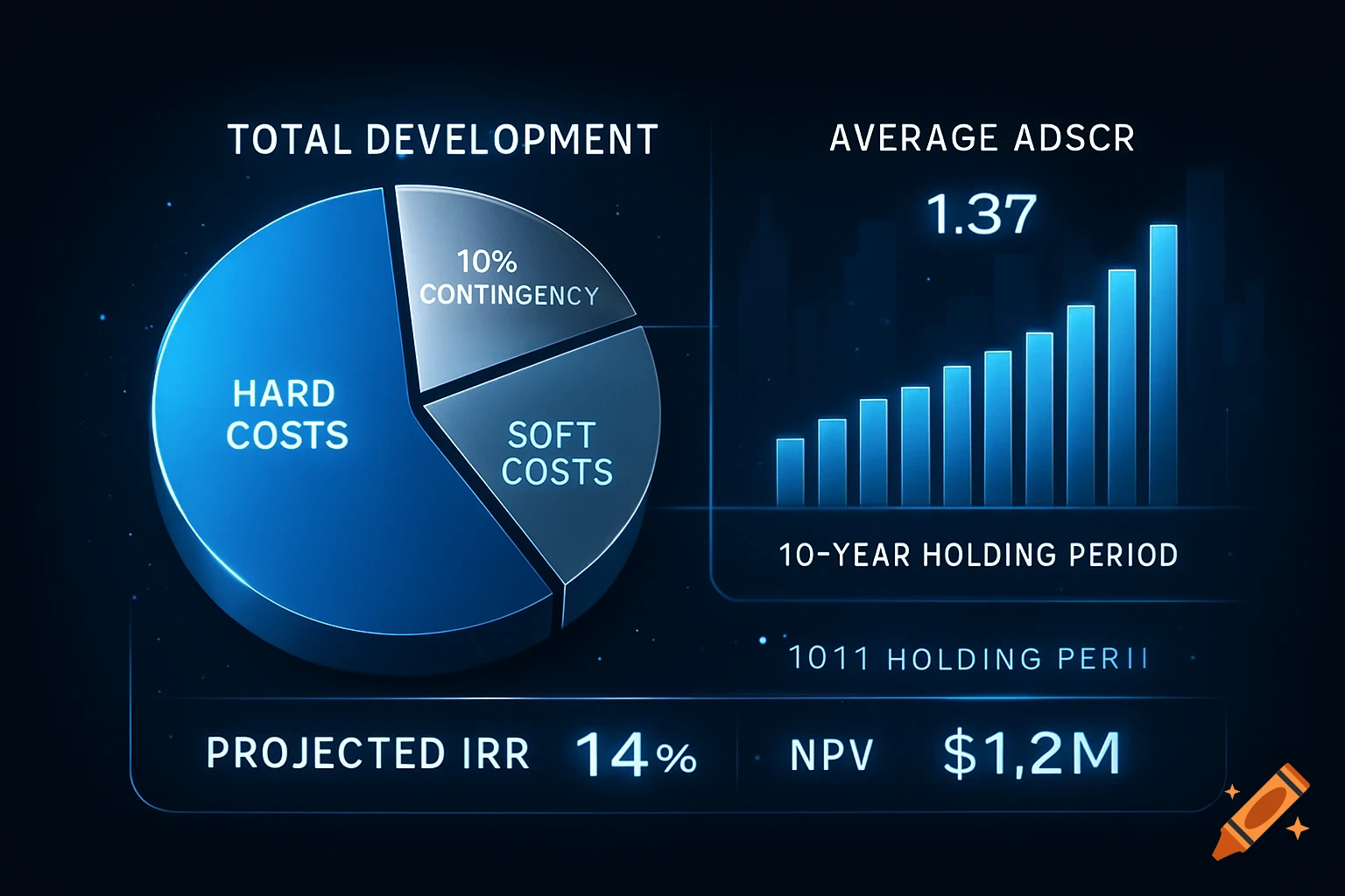 A dark blue financial dashboard with a pie chart showing total development costs split into hard costs, soft costs, and 10% contingency, and a bar chart showing average ADSCR of 1.37 over a 10-year holding period, with projected IRR of 14% and NPV of $1.2M.