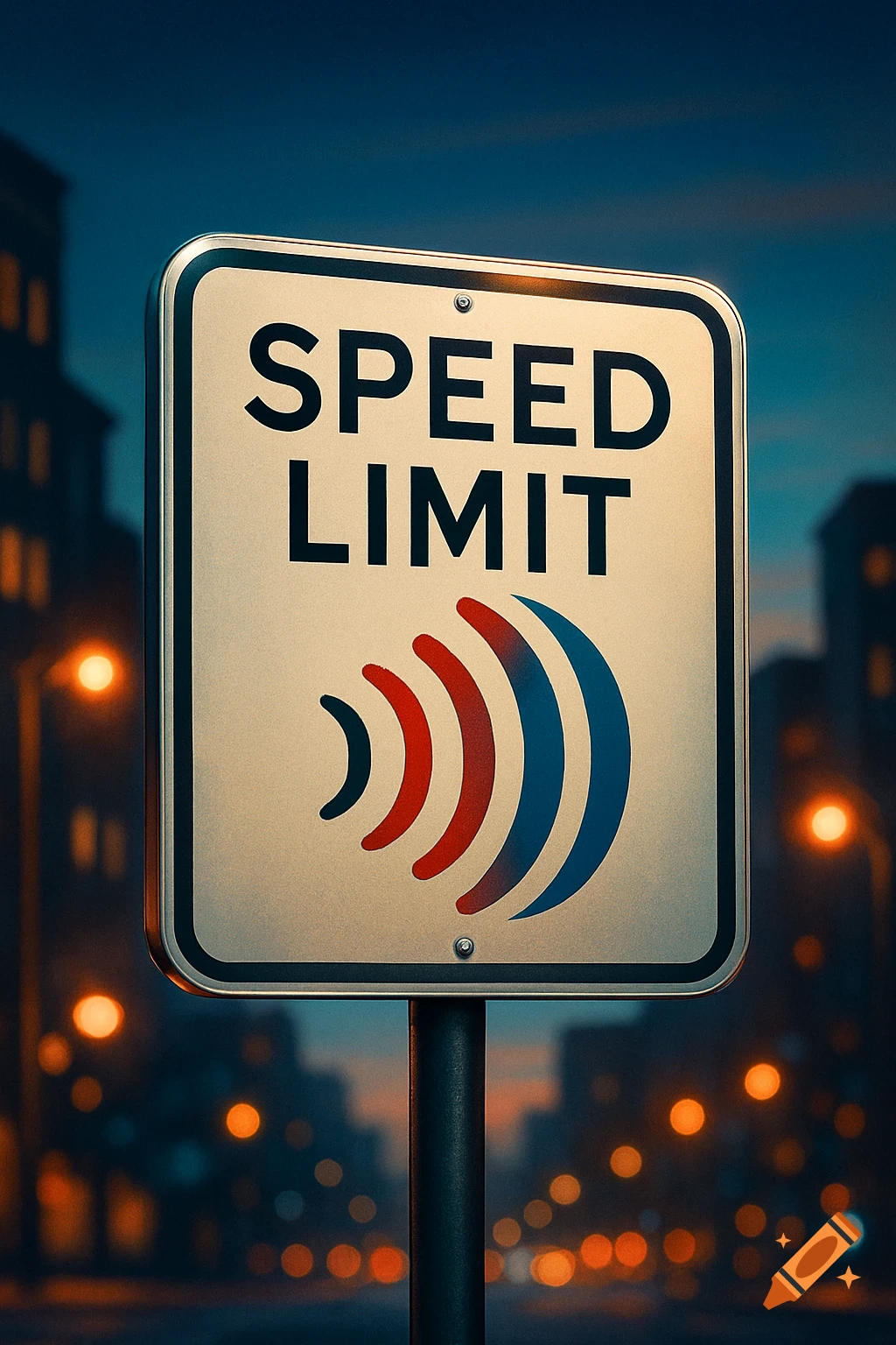 A speed limit sign with 'SPEED LIMIT' text and a red and blue sound wave icon, set against a blurry city night background with streetlights.