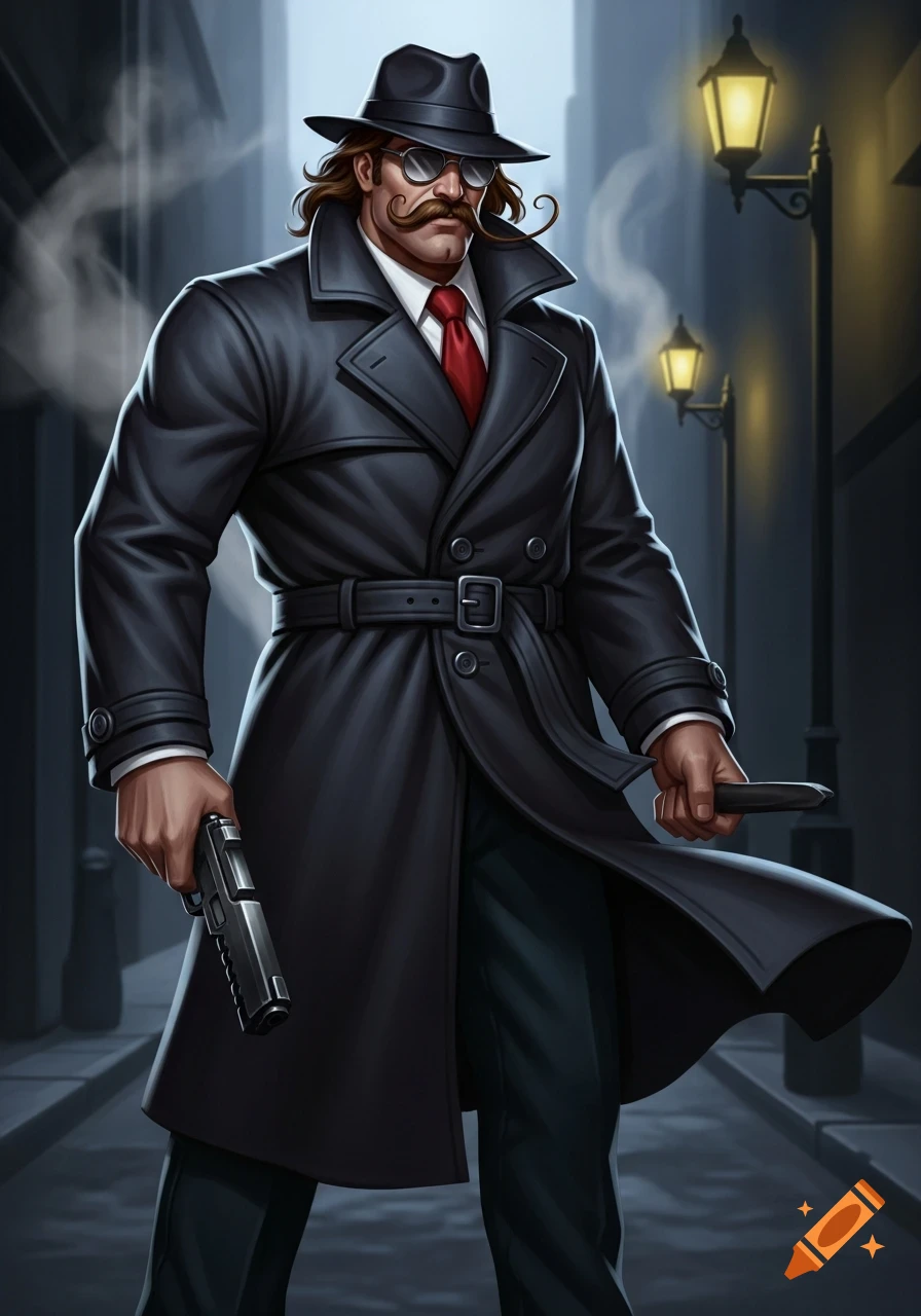 Stylized illustration of a man in a black trench coat, fedora, sunglasses, and a twirly mustache, holding a pistol and a club in a dark alley.