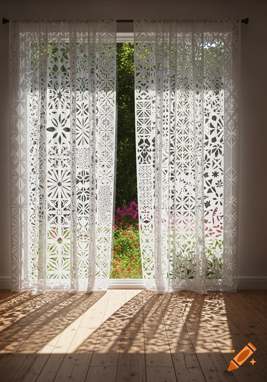 White cut-out paper curtains cover a sunlit window, casting intricate shadows on a wooden floor, with a colorful garden visible outside.
