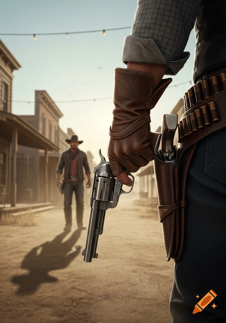 A close-up of a cowboy's gloved hand holding a revolver, facing another cowboy in a dusty Old West town.