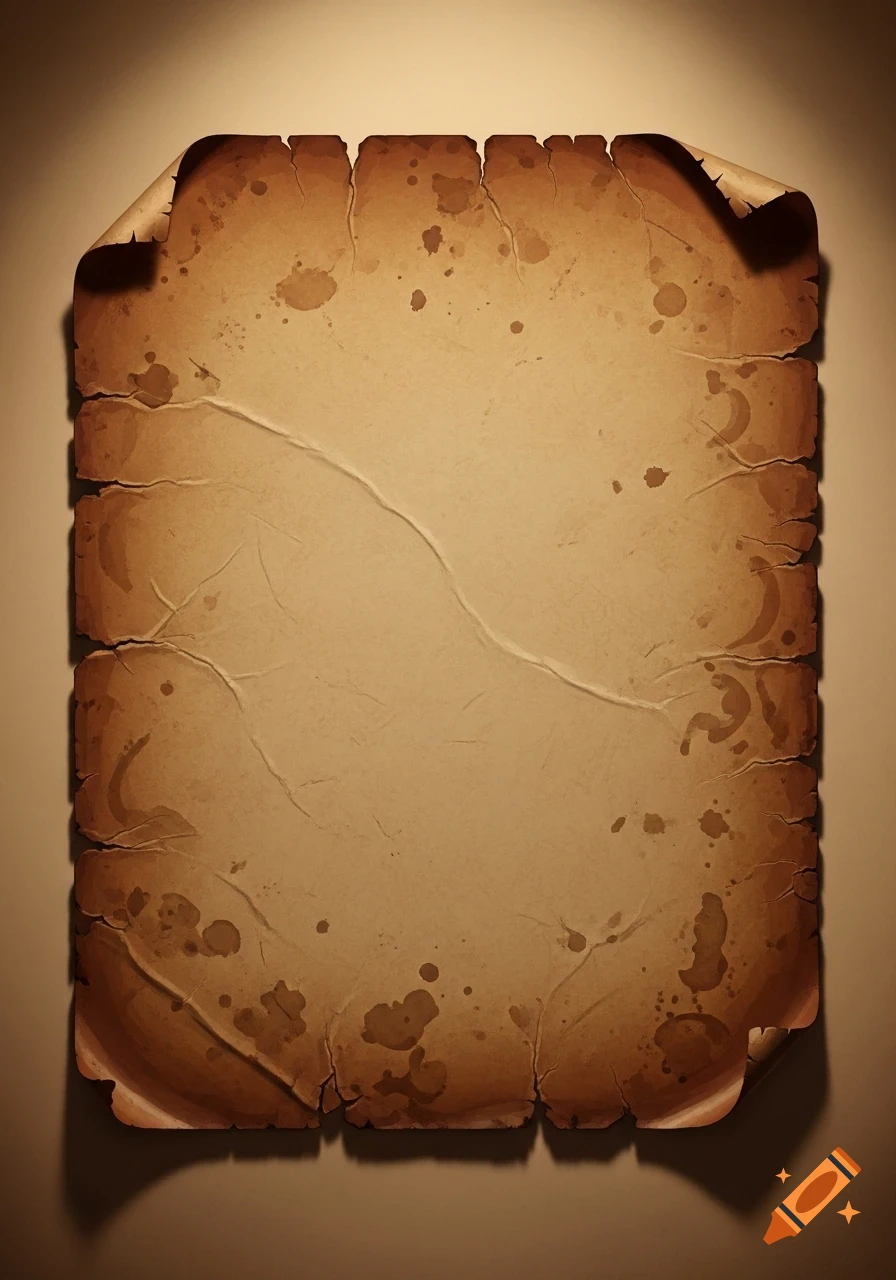 An old, vintage, blank brown piece of paper with torn edges, creases, and splatters, illuminated against a brown background.