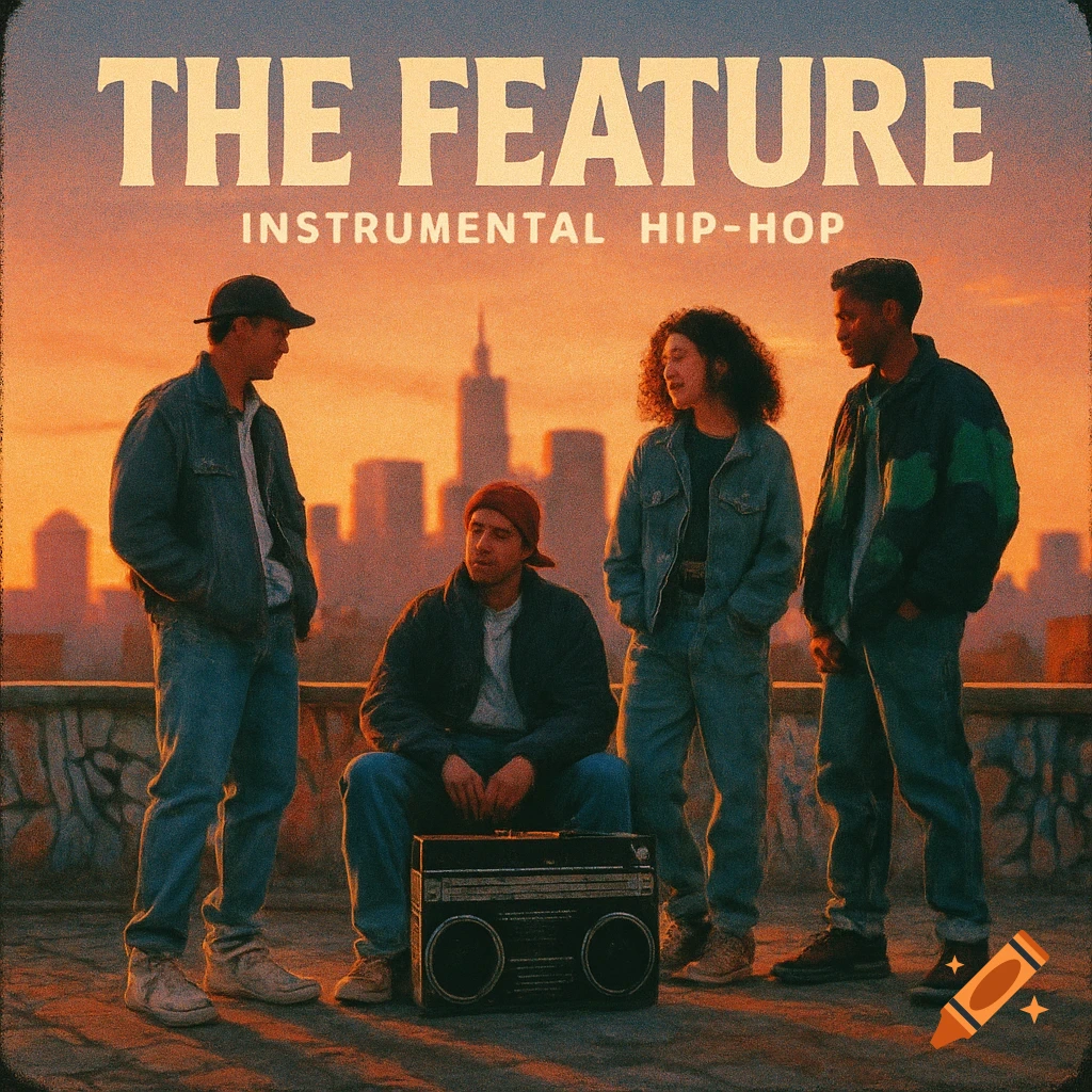 Grainy 90s-style album cover for 'The Feature' instrumental hip-hop. Four people and a boombox on a city rooftop at sunset.