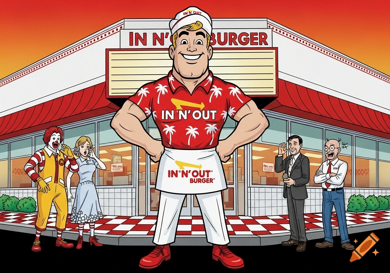 A muscular In-N-Out Burger mascot stands in front of a restaurant, while Ronald McDonald, Wendy, and Jack in the Box react in a colorful comic book style.