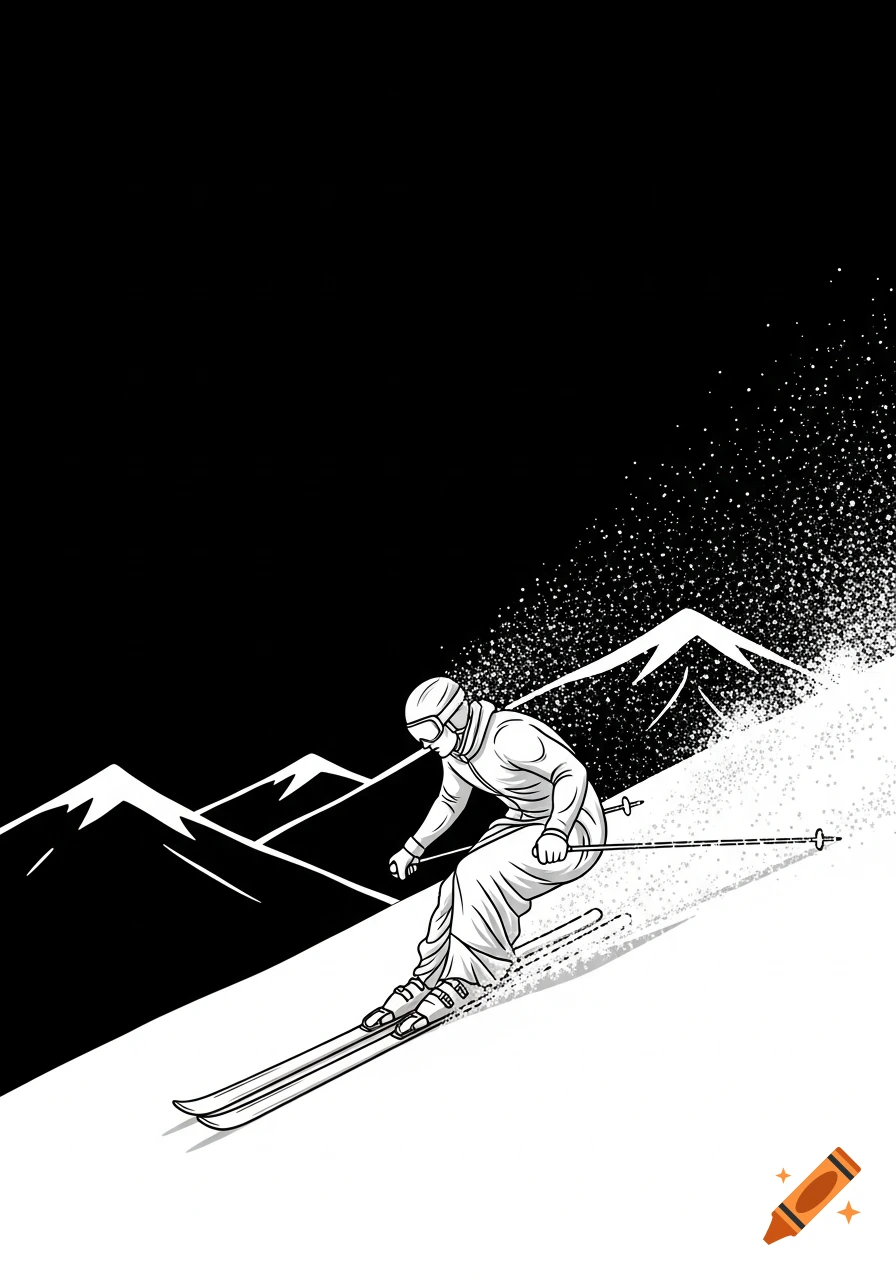 Black and white line art illustration of a skier carving down a snowy mountain slope.
